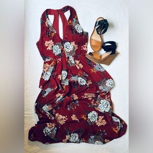 One Clothing maroon floral print.  Maxi dress with keyhole back.  Size M.